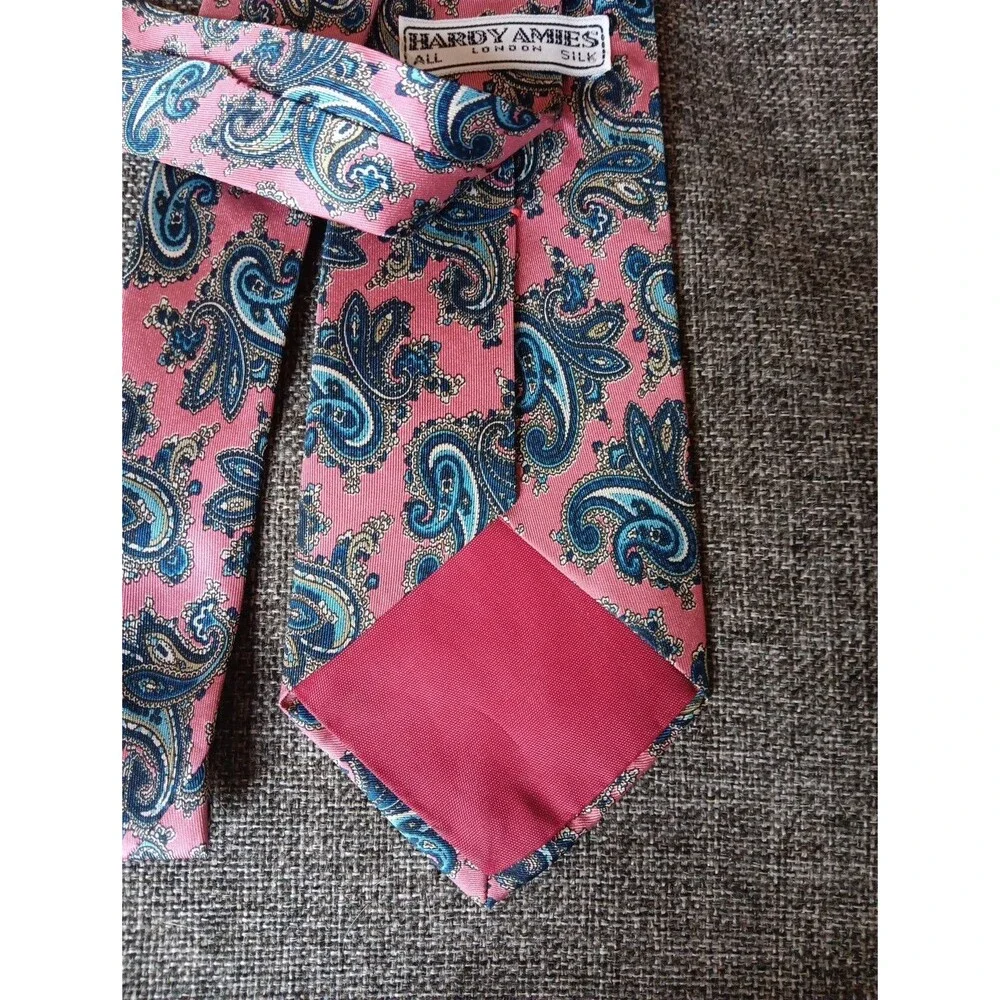 Tie 70s 80s 90s Y2K Mens Hardy Amies Silk Pink Blue Paisley 3.75 Wide 60 Long